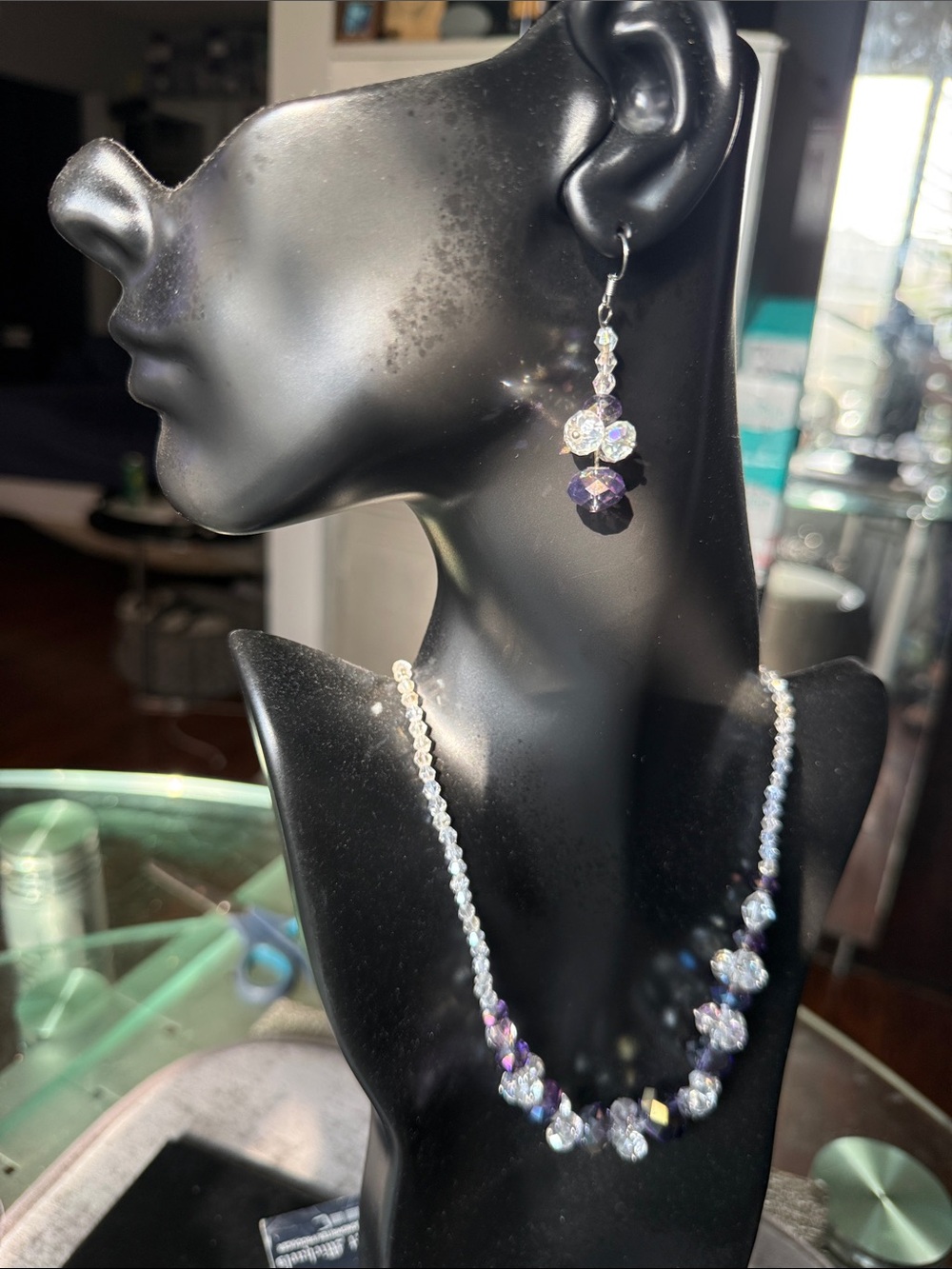 Crystal and Amethyst Bead Necklace with Matching Earrings
